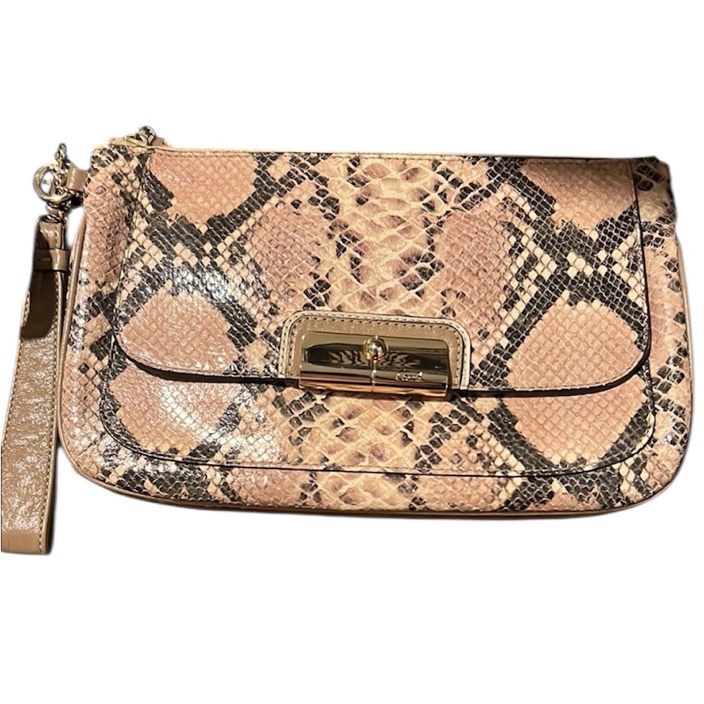 COACH Taupe Black Python Embossed Leather Front Flap Accent Wristlet Clutch